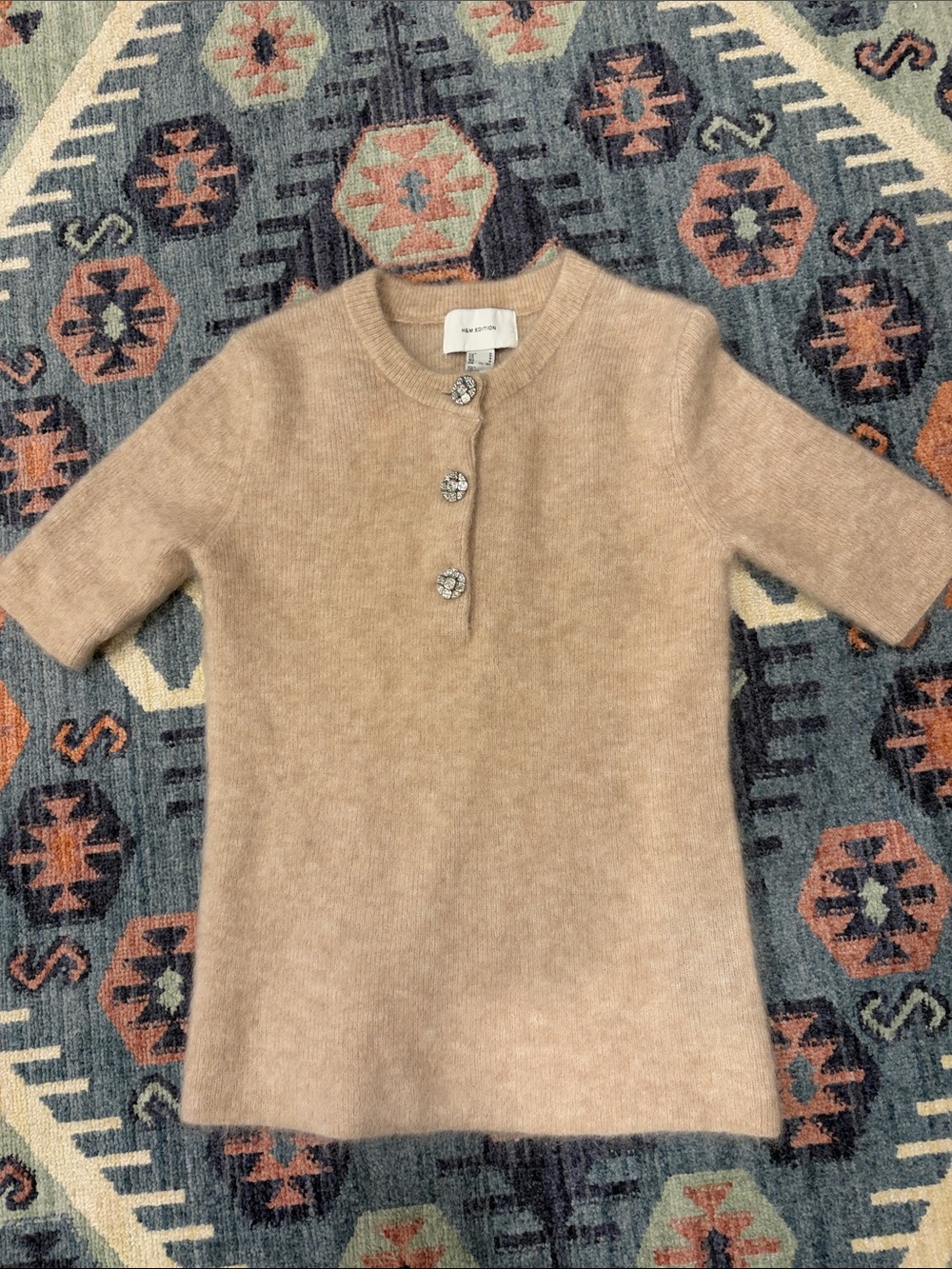 H&M Women’s Short-Sleeve Sweater in Beige - Elegant Button Detail